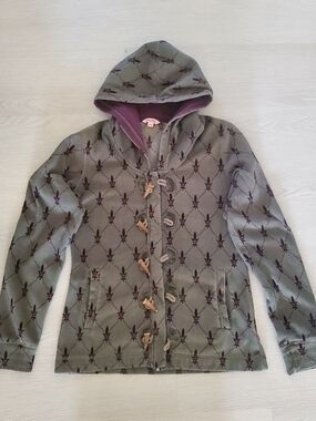 Womens Hooded Toggle Jacket in Olive with Plum Lining Size M